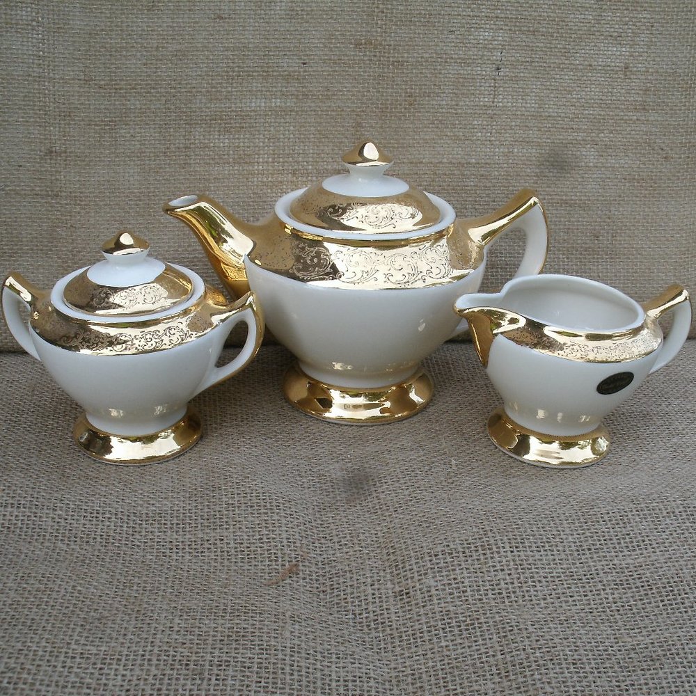 Vintage Pearl China Co. Teapot Creamer Sugar Set of 3 22K Gold